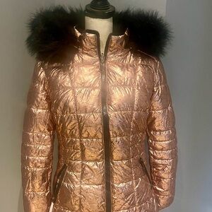 Warm Reversible Winter Coat - metallic rose/black faux fur w/ hood and pockets